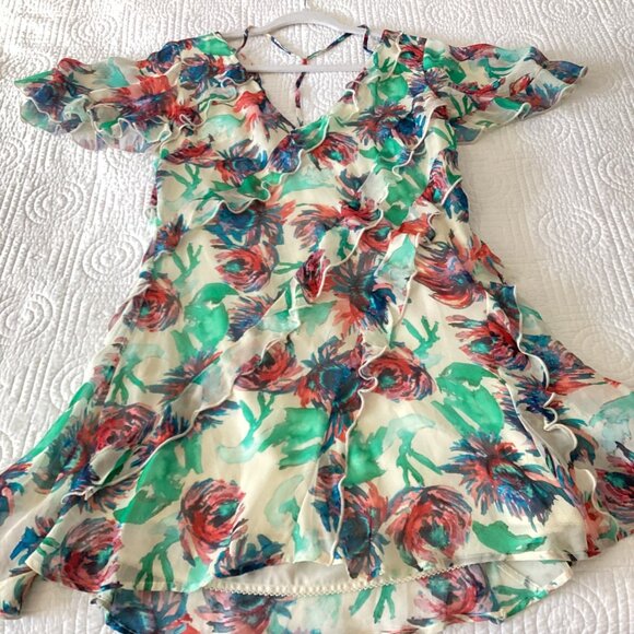 Anthropologie Floral V-Neck Ruffle Mini Dress Sz S Boho Summer Party Outfit Past - Picture 12 of 15